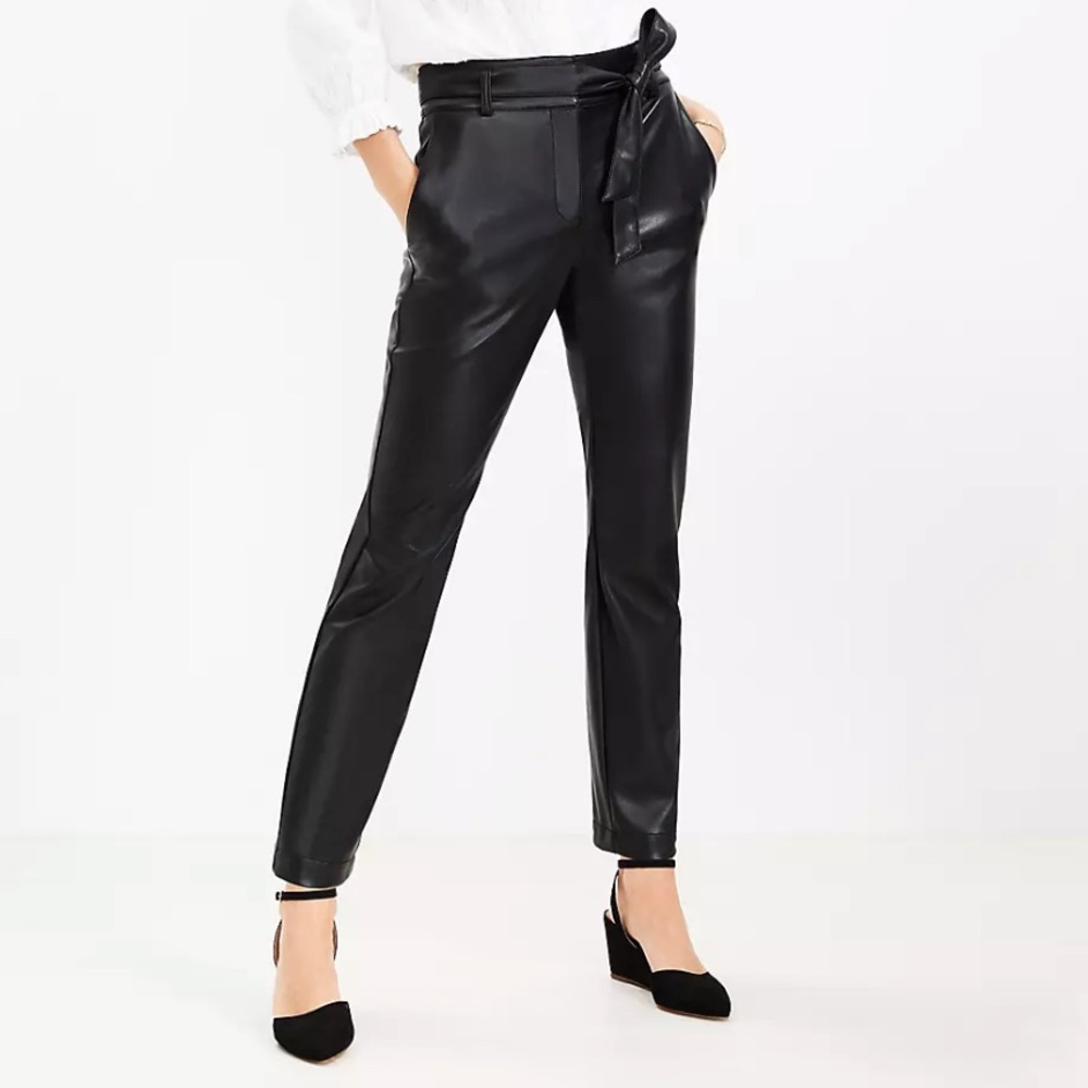 NEW LOFT Tie Waist Slim Straight Leg Faux Leather Belted Sleek Solid Pants NWT 2
